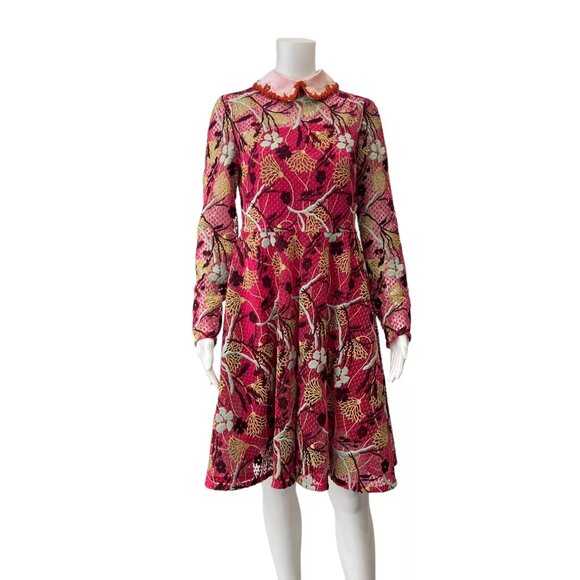 $7980 Valentino Multi Red Embroidered Macrame Lace Collared Shirt Dress size 6